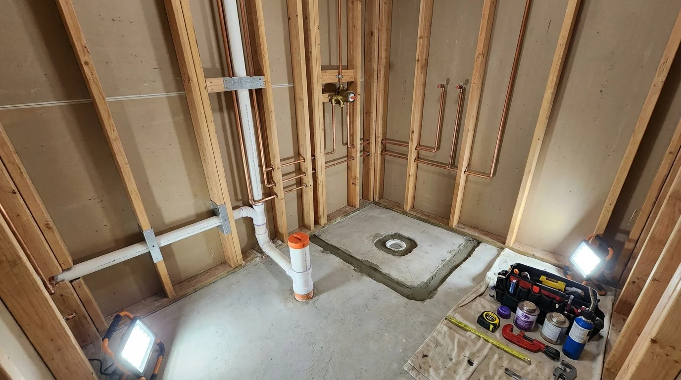 Bathroom rough-in plumbing during remodel by Johns Plumbing LLC in Warrenton