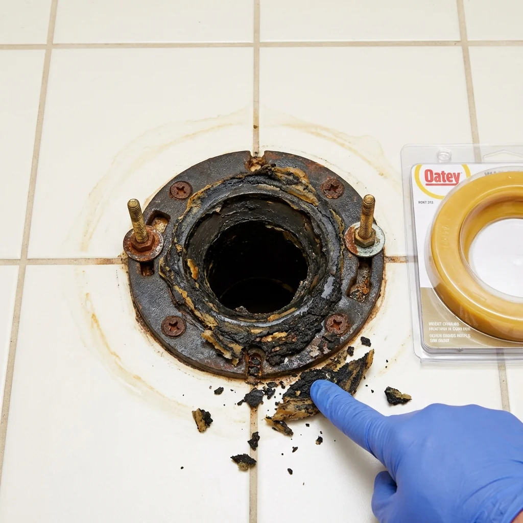 Failed wax ring showing water seepage at the base of a toilet in a Warrenton, OR home