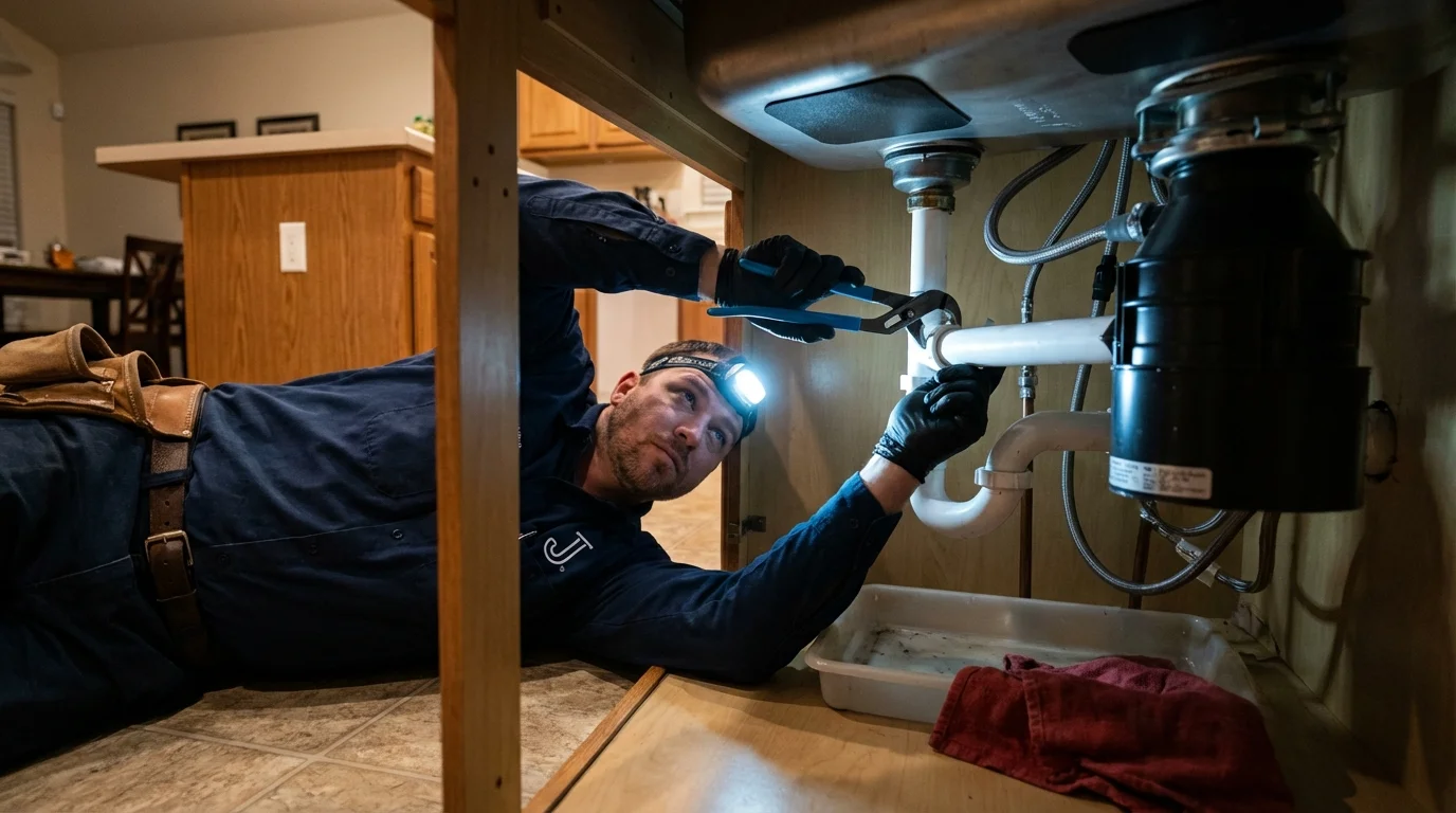 P-trap and supply line connections under a kitchen sink showing a common leak point in Warrenton, OR